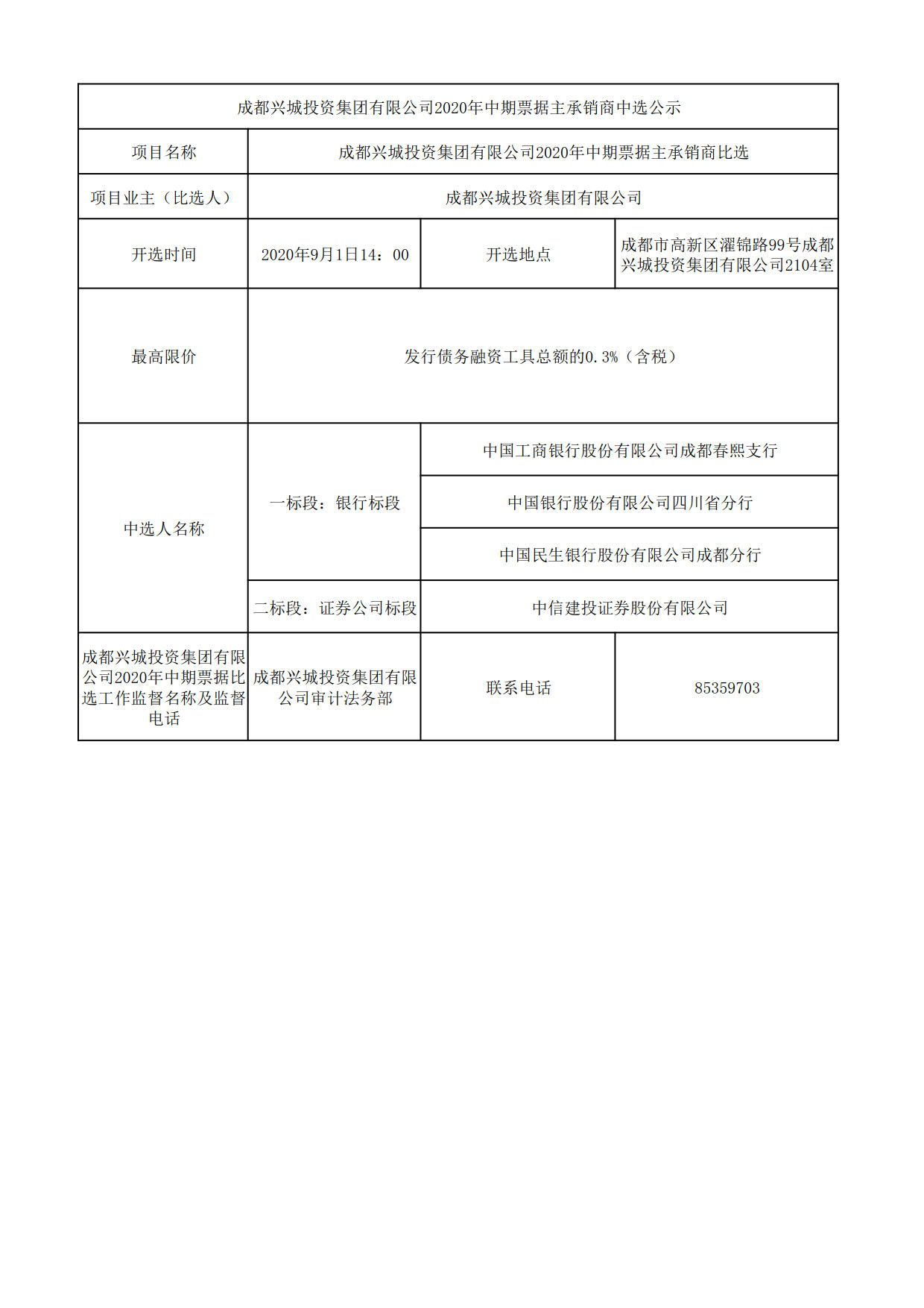 成都興城投資集團(tuán)有限公司2020年中期票據(jù)主承銷商中選公示_1